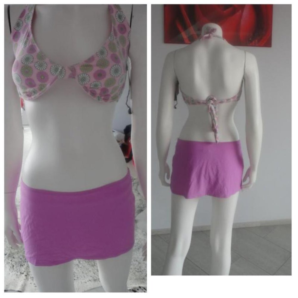 NWT Vintage DKNY Printed 3-Piece Swimsuit Bikini Underwire Bra Skirt Set Size M